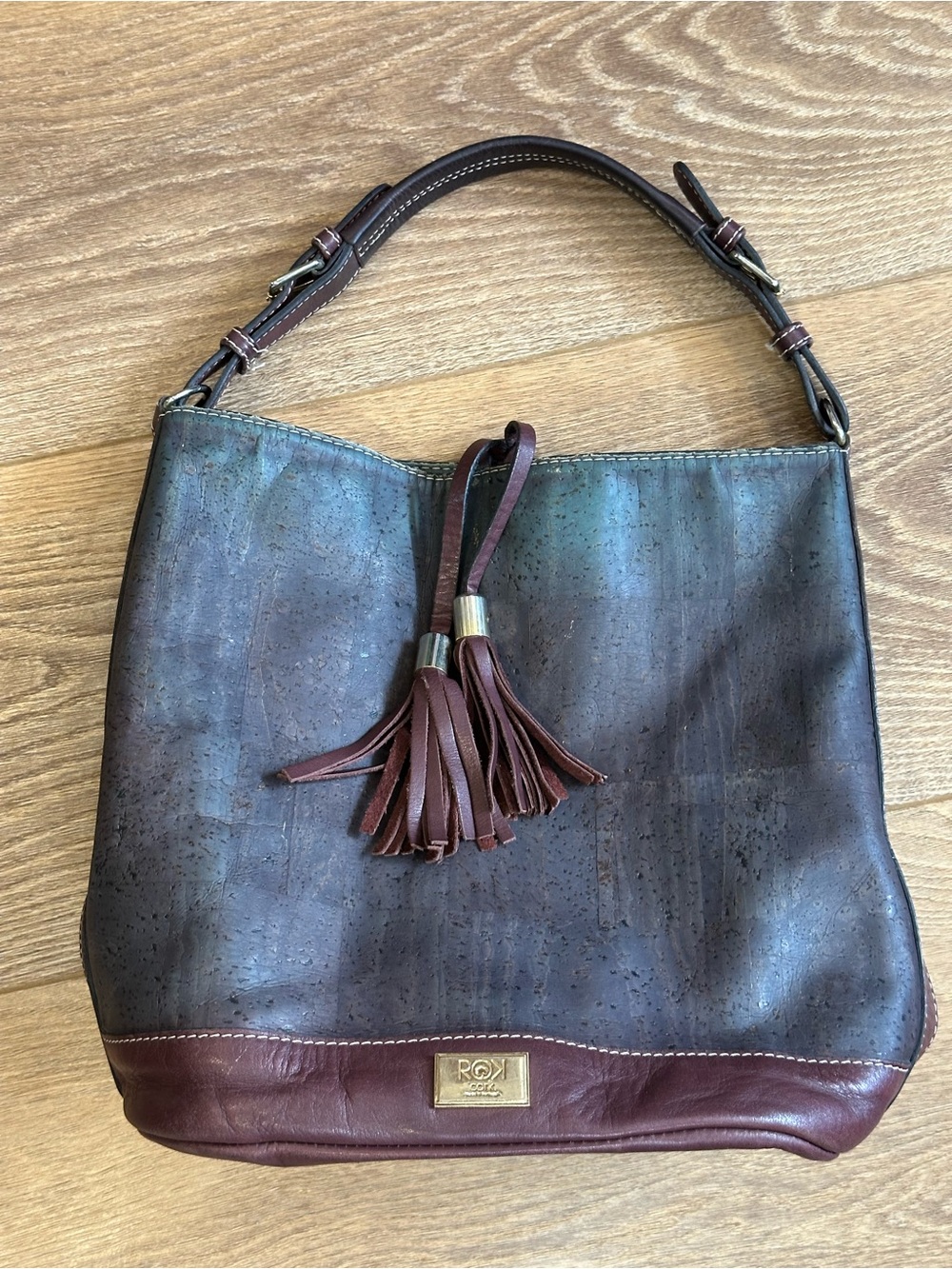 ROK Cork Julia HoboTwo-Tone Cork & Leather Shoulder Bag with Tassel Accent - Picture 3 of 12
